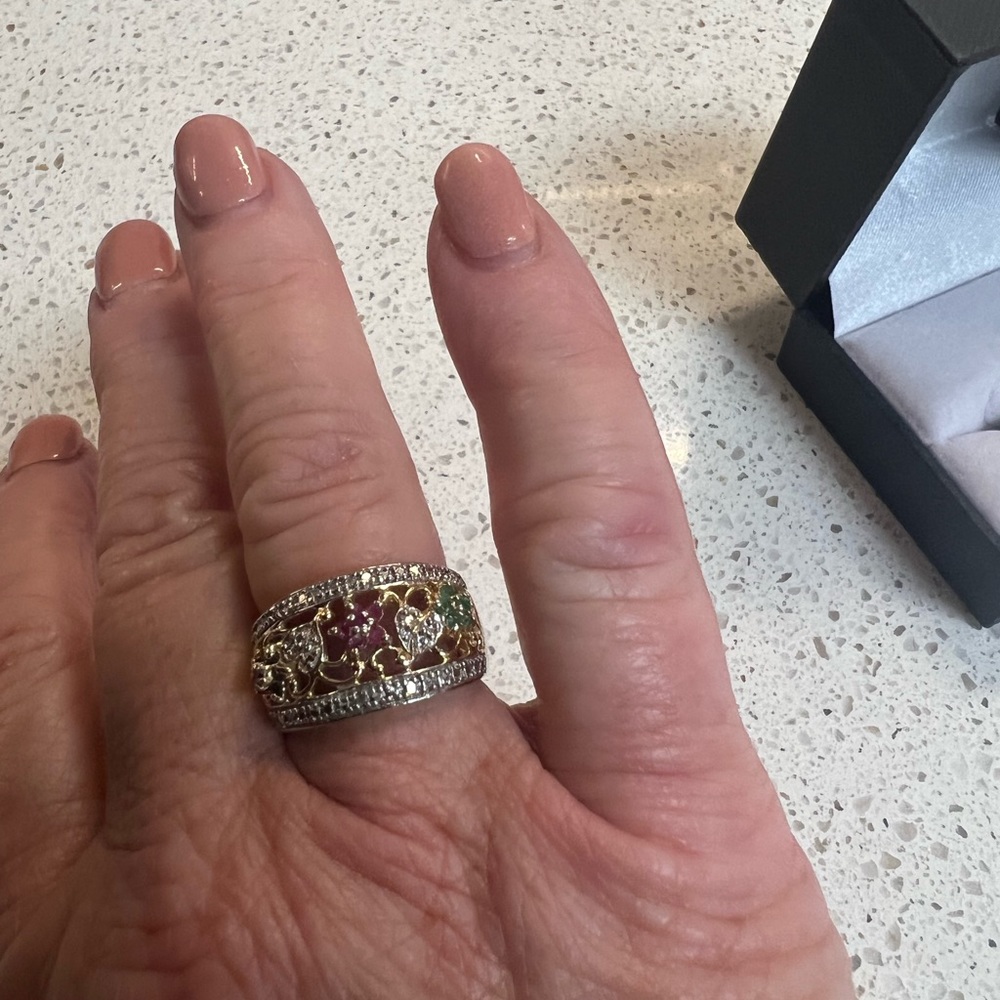 Gold Over Sterling Silver Genuine Emerald, Sapphire & Ruby Wide Band Ring